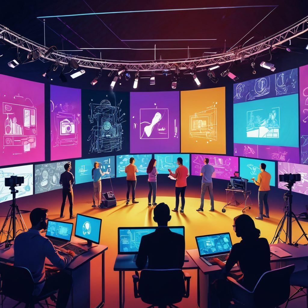 A dynamic scene showcasing a diverse group of people engaged in the creative process of video production, surrounded by cameras, lighting equipment, and vibrant sketches. Include an inspiring backdrop of a digital screen displaying imaginative video concepts, infused with dynamic energy and collaboration. The atmosphere should feel lively and innovative, highlighting the intersection of creativity and technology. Vector art. Bright colors. 3D elements.