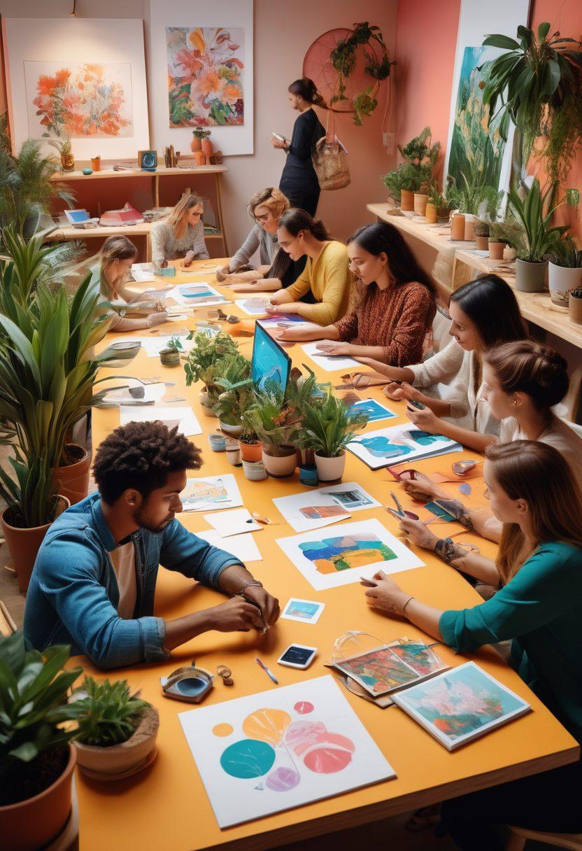 A visually stimulating scene featuring a diverse group of people brainstorming around a large table filled with vibrant multimedia elements like colorful illustrations, digital screens displaying interactive content, and artistic tools scattered about. The background should feature a bright and inspiring workspace with plants, art supplies, and mood boards. The atmosphere is dynamic, showcasing collaboration and creativity in action. super-realistic. vibrant colors. modern design.
